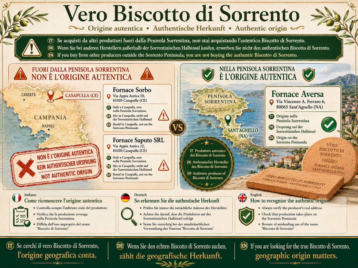 Vero Biscotto di Sorrento Herkunftsinfo mit Karte, Erklärung zur Authentizität und geographischen Herkunft.