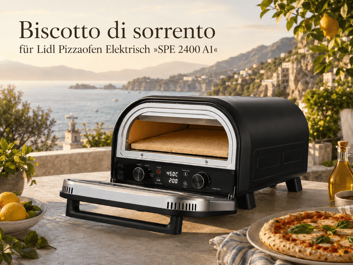 Lidl Pizzaofen Spe 2400 A1 Original Biscotto di Sorrento® mit neapolitanischen Backstein für perfekte Pizza.