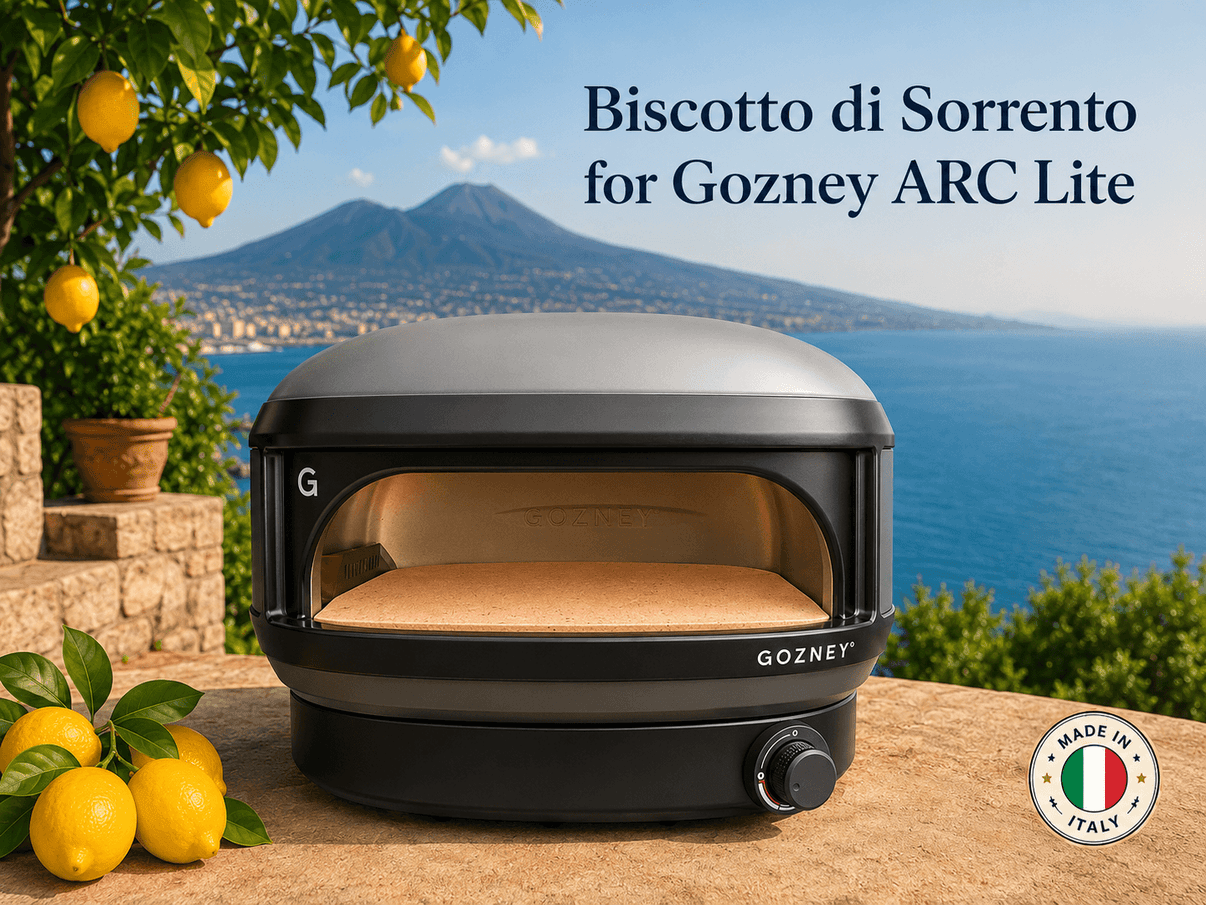 Gozney ARC Lite Biscotto di Sorrento der Perfekte Stein für Pizza Napoletana Saputo Casapulla Keks in schöner Landschaft.