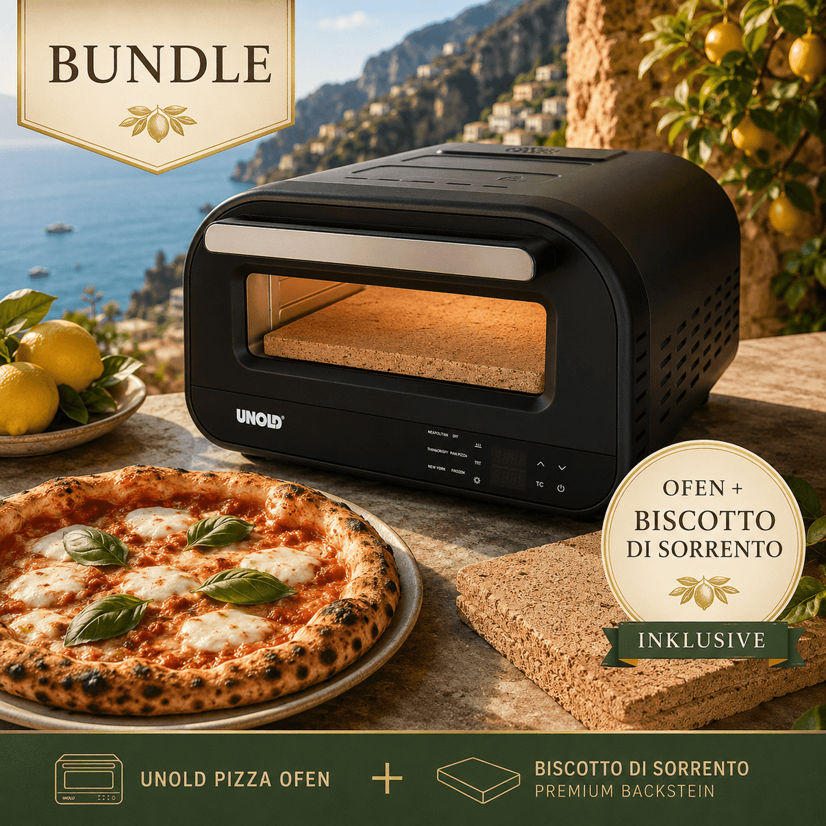 Unold Don Luigi 68815 Pizzaofen Bundle mit original Biscotto di Sorrento – Profi-Upgrade für Pizza Napoletana.